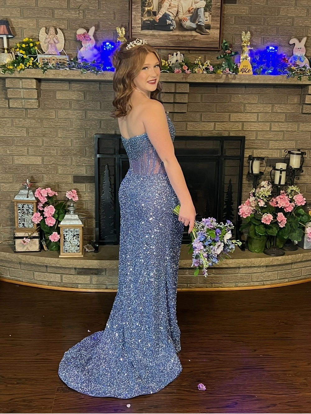 Ashley Lauren Strapless Sparkle Evening Gown in Shimmering Periwinkle/Blue